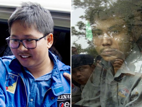 Wa Lone and Kyaw Soe Oo outside a court near Yangon, Myanmar. Photo: AP