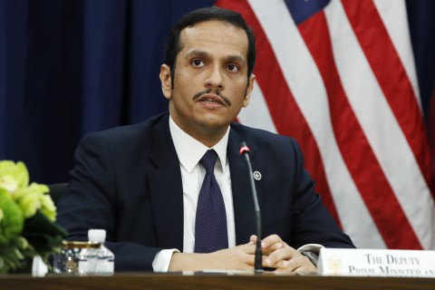 Qatar's Foreign Minister Sheikh Mohammed bi Abdulrahman Al Thani attends the US Qatar Strategic Dialogue at the State Department, Tuesday, Jan. 30, 2018, in Washington. (AP Photo/Jacquelyn Martin)