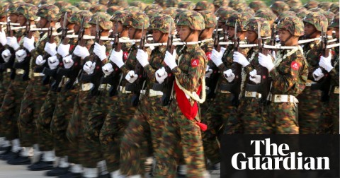 Myanmar soldiers during the parade of 73rd Armed Forces Day on 27 March. Photograph: Xinhua/Rex/Shutterstock