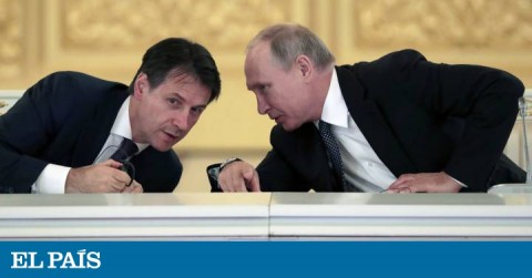 Russian president Vladimir Putin speaks to Italian Prime Minister Giuseppe Conte.